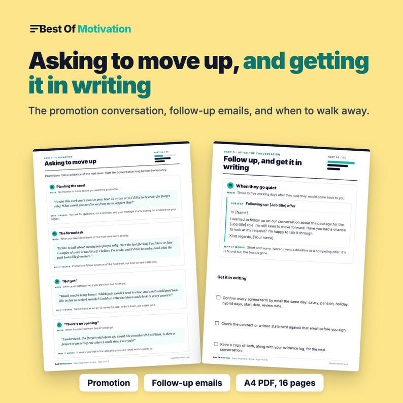 Peut inclure: Un guide num&eacute;rique intitul&eacute; Best Of Motivation : Asking to move up, and getting it in writing. Il pr&eacute;sente deux pages blanches avec du texte noir, des accents sarcelle et des listes &agrave; puces d&eacute;taillant les promotions et les e-mails de suivi.