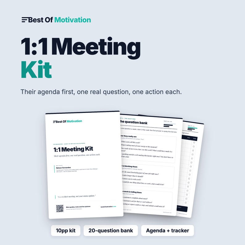 May include: A 1:1 Meeting Kit document set featuring a title page with the text Best Of Motivation 1:1 Meeting Kit, a question bank page, and an agenda tracker page. The kit includes 10 pages, a 20-question bank, and an agenda plus tracker.