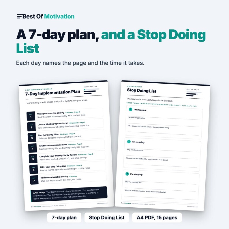 May include: A digital document titled Best Of Motivation featuring a 7-day plan and a Stop Doing List. The pages include a 7-Day Implementation Plan with daily tasks and a Stop Doing List with numbered sections for tracking tasks to eliminate.