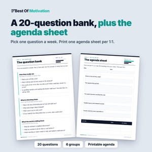 May include: A digital document titled Best Of Motivation featuring a 20-question bank and an agenda sheet. The pages include sections for questions like How they really are, What is blocking them, and The agenda sheet with action tables.