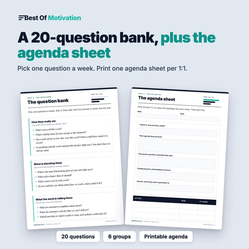 May include: A digital document titled Best Of Motivation featuring a 20-question bank and an agenda sheet. The pages include sections for questions like How they really are, What is blocking them, and The agenda sheet with action tables.