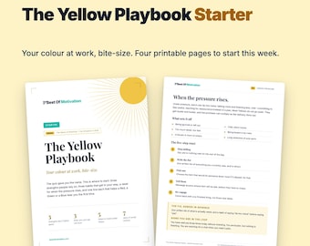 May include: The Yellow Playbook Starter is a set of four printable pages featuring text and graphics. The cover page displays the title, a sun icon, and summary points. The second page outlines a five-step reset process for when pressure rises.