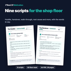 Puede incluir: Un documento digital titulado Best Of Motivation Nine scripts for the shop floor, que muestra dos p&aacute;ginas de texto. Las p&aacute;ginas detallan los guiones The Huddle y The Handover con instrucciones, tiempos y di&aacute;logos para la comunicaci&oacute;n laboral.