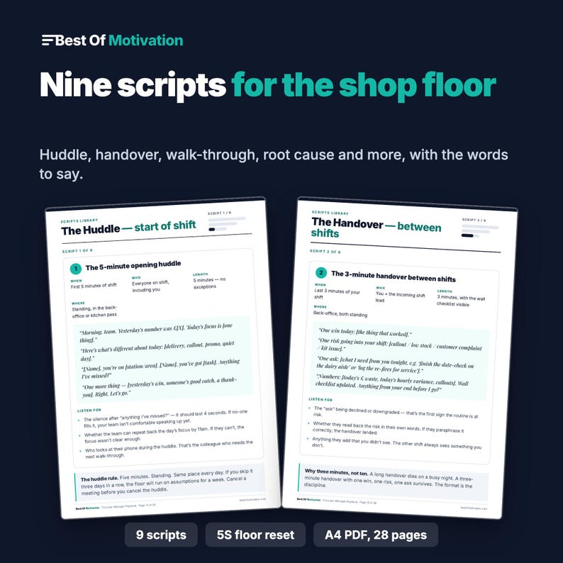 Puede incluir: Un documento digital titulado Best Of Motivation Nine scripts for the shop floor, que muestra dos p&aacute;ginas de texto. Las p&aacute;ginas detallan los guiones The Huddle y The Handover con instrucciones, tiempos y di&aacute;logos para la comunicaci&oacute;n laboral.