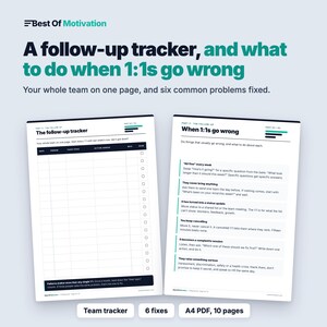 May include: A digital document titled Best Of Motivation featuring a follow-up tracker and a guide on when 1:1s go wrong. The layout includes a table for tracking team meetings and a list of six common problems with solutions in a clean, professional format.