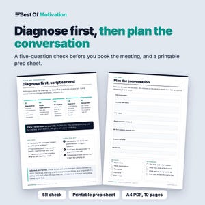 Puede incluir: Una hoja de preparaci&oacute;n imprimible y una gu&iacute;a de verificaci&oacute;n 5R titulada Diagnose first, then plan the conversation. El documento incluye un marco de diagn&oacute;stico de cinco preguntas, sugerencias de guiones y una plantilla de planificaci&oacute;n.