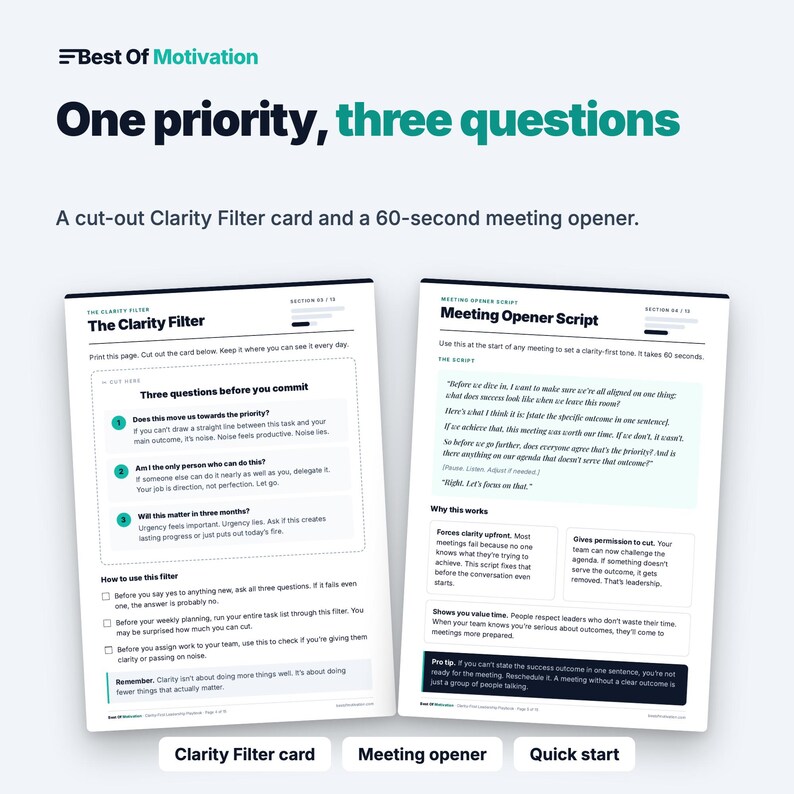 May include: Two white informational sheets titled Best Of Motivation. The left sheet features The Clarity Filter with three questions before you commit. The right sheet displays a Meeting Opener Script with instructions on how to set a clarity-first tone.