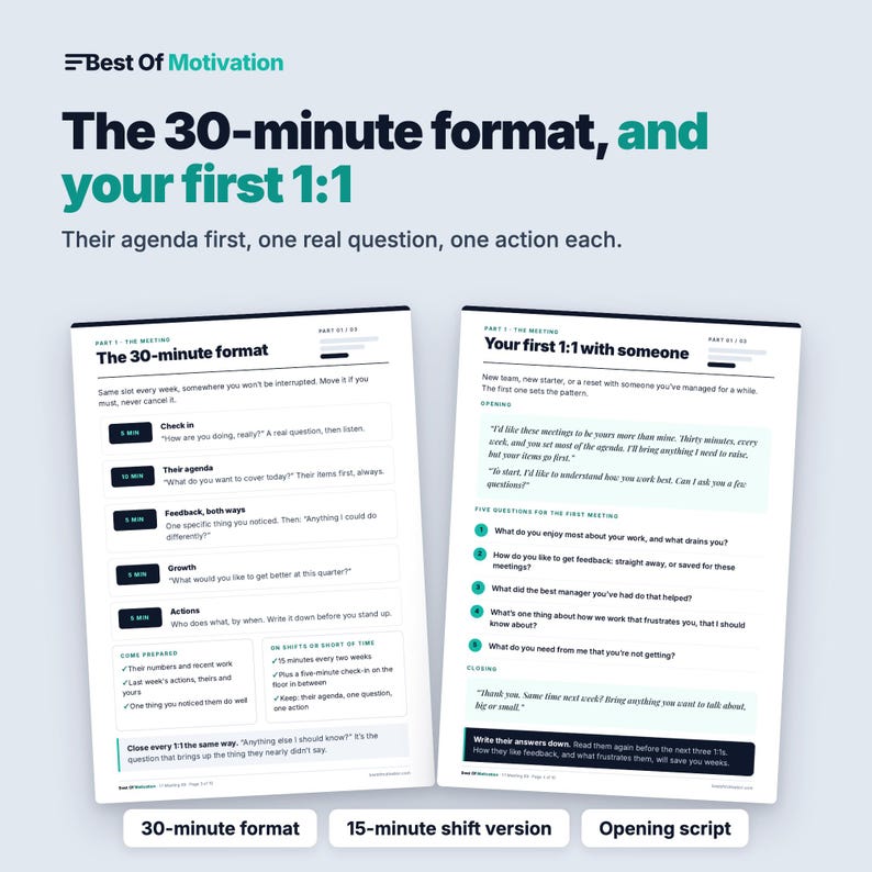 May include: Two informational documents titled Best Of Motivation detailing a 30-minute meeting format and a first 1:1 guide. The pages feature black text on white backgrounds with teal accents, outlining meeting agendas, check-in steps, and scripts.