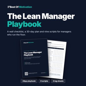 Puede incluir: El Lean Manager Playbook, un documento de 28 p&aacute;ginas con una cubierta oscura y texto en blanco y turquesa. Incluye una lista de verificaci&oacute;n de pared de 30 d&iacute;as, nueve guiones y tres hojas de registro para gerentes, con un c&oacute;digo QR visible.