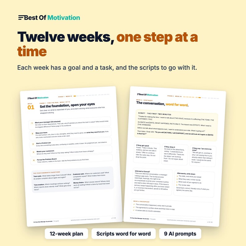 May include: A digital document titled Best Of Motivation featuring the text Twelve weeks, one step at a time. It displays two pages of a 12-week plan with weekly goals, tasks, and scripts. Below are three buttons labeled 12-week plan, Scripts word for word, and 9 AI prompts.
