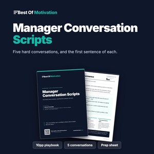 Puede incluir: Un documento digital titulado Manager Conversation Scripts de Best Of Motivation, que presenta cinco conversaciones dif&iacute;ciles y sus frases iniciales. La portada azul oscuro muestra el t&iacute;tulo, el autor Nelson Fernandez, una cita y un c&oacute;digo QR.