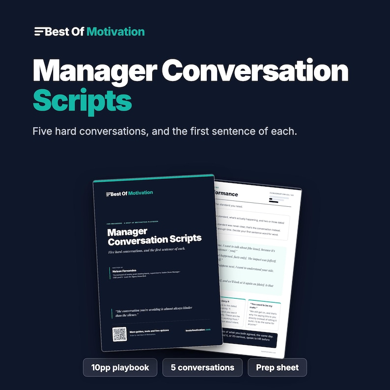 Puede incluir: Un documento digital titulado Manager Conversation Scripts de Best Of Motivation, que presenta cinco conversaciones dif&iacute;ciles y sus frases iniciales. La portada azul oscuro muestra el t&iacute;tulo, el autor Nelson Fernandez, una cita y un c&oacute;digo QR.