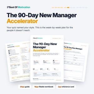 May include: A digital document set titled The 90-Day New Manager Accelerator, featuring a 26-page guide, an 18-page fillable workbook, and a 2-page reference card. The pages display text, structured frameworks, and planning sections in black and orange.