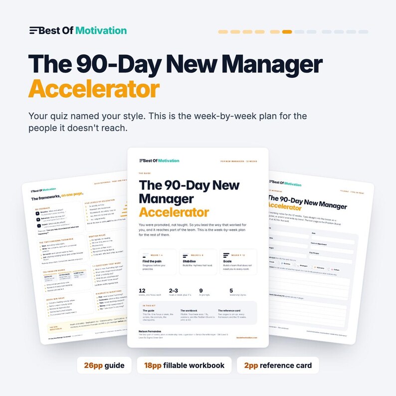 May include: A digital document set titled The 90-Day New Manager Accelerator, featuring a 26-page guide, an 18-page fillable workbook, and a 2-page reference card. The pages display text, structured frameworks, and planning sections in black and orange.