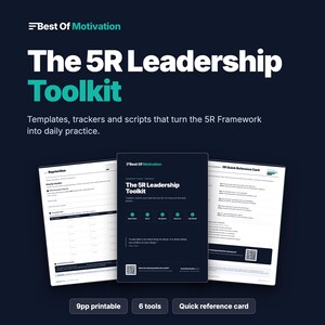 May include: The 5R Leadership Toolkit includes templates, trackers, and scripts on a dark background. Three document pages are displayed, featuring the title, a 5R framework diagram, a reprioritize worksheet, and a 5R quick reference card with QR codes.