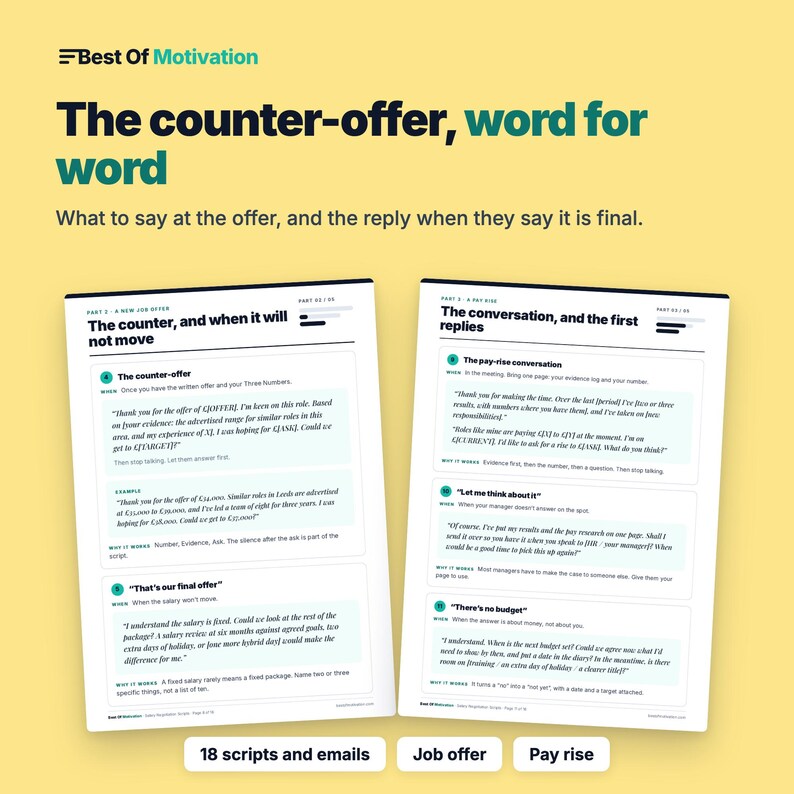 Peut inclure: Un document jaune intitul&eacute; Best Of Motivation avec le texte The counter-offer, word for word. Il pr&eacute;sente deux pages de scripts professionnels pour les offres d'emploi et les augmentations, avec des sections intitul&eacute;es The counter et The conversation.