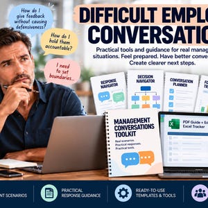May include: A management conversations toolkit featuring a spiral-bound guide, a laptop displaying an Excel tracker, and printed documents labeled Response Navigator, Decision Navigator, Conversation Planner, and Follow-up Tracker.