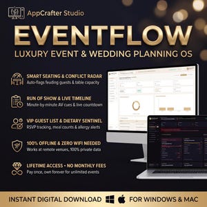 Może przedstawiać: Cyfrowy system operacyjny do planowania wydarzeń i ślubów o nazwie EVENTFLOW od AppCrafter Studio. Ekran pokazuje pulpit nawigacyjny z planami miejsc, harmonogramami, listami gości i śledzeniem diet. Oferuje dożywotni dostęp i jest kompatybilny z systemami Windows i Mac.