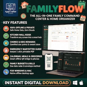 Peut inclure: Une publicité pour le produit numérique FamilyFlow, un centre de commande familial et organisateur domestique tout-en-un. L'image montre un écran d'ordinateur et un portable affichant des interfaces logicielles, un smartphone avec un QR code.