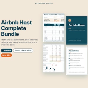 Könnte beinhalten: Ein digitales Paket für Airbnb-Gastgeber mit Gewinn- und Steuer-Dashboard, Deal-Analysator, Kilometerprotokoll und Willkommensbuch. Es enthält sieben Produkte in den Formaten Sheets, Excel und PDF mit Texten zu Hausregeln und Finanzdaten.