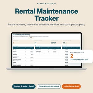 Könnte beinhalten: Ein digitaler Mietwartungs-Tracker auf einem Laptop-Bildschirm, der ein Wartungs-Dashboard mit Tabellen für Kategorien, Immobilien und Monate zeigt. Die Benutzeroberfläche enthält Text zu offenen Anfragen, abgeschlossenen Aufträgen und Kosten sowie Schaltflächen für Google Sheets, Excel und Mieterformulare.