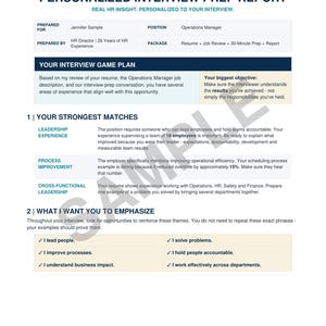May include: A white document titled Personalized Interview Prep Report with blue and black text. It includes sections for Interview Game Plan, Strongest Matches, and What I Want You To Emphasize, featuring a watermark that says SAMPLE across the page.