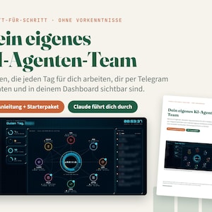 Può includere: Un'interfaccia digitale intitolata Dein eigenes KI-Agenten-Team con un hub centrale chiamato JARVIS collegato a varie icone circolari di agenti. La dashboard scura mostra un diagramma di rete, metriche di stato e un saluto in tedesco.