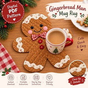 May include: A gingerbread man-shaped mug rug featuring a quilted brown fabric body, white scalloped icing trim, black button eyes, pink cheeks, and a red and white checkered bow tie with two matching red buttons on the chest.