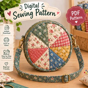 May include: A round quilted crossbody bag featuring a patchwork design of floral and gingham fabric segments in green, red, yellow, and blue. The bag includes a matching adjustable shoulder strap with brass hardware and a top zipper closure.