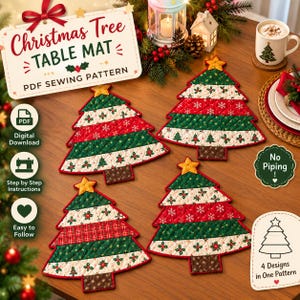 May include: Four quilted Christmas tree table mats featuring horizontal bands of red, green, and white fabric with holiday patterns. Each tree is topped with a yellow star and has a brown trunk. The text reads Christmas Tree TABLE MAT PDF SEWING PATTERN.