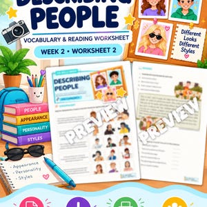 May include: An ESL Skills Series worksheet titled Describing People, Week 2, Worksheet 2. The image features a stack of colorful books, a pencil cup, sunglasses, a notebook, and two preview pages showing vocabulary and reading exercises.