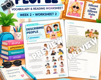 Peut inclure: Une fiche d'exercices ESL Skills Series intitulée Describing People, Week 2, Worksheet 2. L'image montre une pile de livres colorés, un pot à crayons, des lunettes de soleil, un carnet et deux pages d'aperçu avec des exercices.