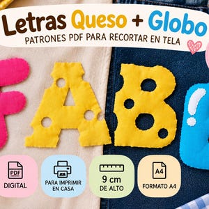 Puede incluir: Letras de tela en dos estilos: forma de globo con reflejos blancos y estilo queso con recortes circulares. Las letras forman FABE en rosa, amarillo y azul. Incluye texto: Letras Queso + Globo, PATRONES PDF PARA RECORTAR EN TELA, A-Z, 2 ESTILOS EN UN SOLO PACK, DIGITAL, PARA IMPRIMIR EN CASA, 9 cm DE ALTO, FORMATO A4.