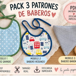 May include: A digital pattern set for three baby bibs including a large light blue bib with white polka dots, a round bib with a colourful car print, and a triangular bandana bib in textured grey fabric with a wooden ring and text.
