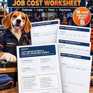 Könnte beinhalten: Ein 16-seitiges, druckbares AutoTrustLab-Arbeitsblatt-Paket für Autoreparaturkostenvoranschläge und Arbeitskosten, mit einem Beagle in Mechanikerkleidung. Die Dokumente enthalten Abschnitte für Fahrzeugdaten, Arbeitskostenaufstellungen, Materialkostenblätter und Zahlungsübersichten im A4-Format.