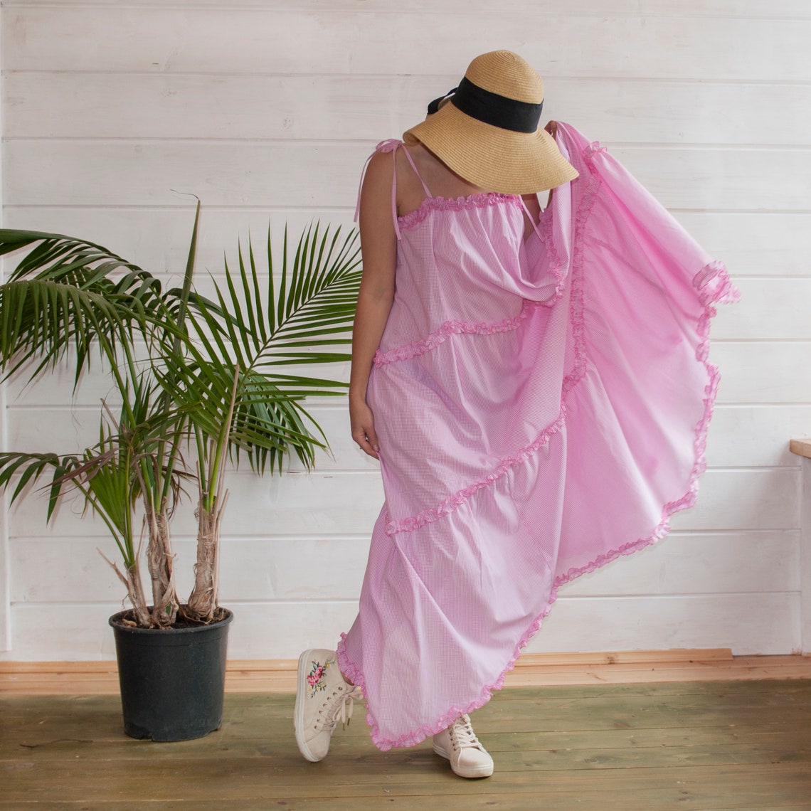 Pink ruffle strap sundress cotton full skirt long dress Etsy