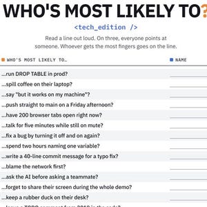 Peut inclure: Une feuille de jeu en papier blanc intitulée WHO'S MOST LIKELY TO? tech_edition. Elle présente une liste numérotée de 01 à 13 avec des questions liées à la technologie comme run DROP TABLE in prod, spill coffee on their laptop et keep a rubber duck.