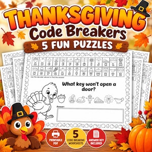 Op de afbeelding: Een Thanksgiving Code Breakers werkblad met een decoderingssleutel die letters met iconen combineert, een kalkoenillustratie en de tekst What key won't open a door? Het printbare werkblad bevat vijf leuke puzzels.