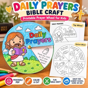 Op de afbeelding: Een Daily Prayers bijbelknutselwerk bestaande uit een rond papieren gebedswiel met een gekleurde illustratie van een figuur met een boek, naast twee zwart-wit printbare vellen met gebedsteksten en labels.