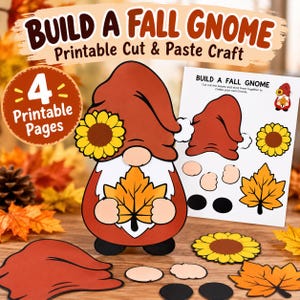 Op de afbeelding: Een Build a Fall Gnome knutselset om te printen, knippen en plakken met een kabouter met een rode muts, zonnebloem en esdoornblad. De set bevat vier printbare pagina's met diverse kabouteronderdelen voor het in elkaar zetten.