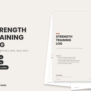 Può includere: Un documento di registro per l'allenamento della forza con sfondo beige, testo nero e accenti rossi. Il documento include sezioni per serie, ripetizioni e chili, istruzioni su come utilizzare il registro e specifica 10 pagine in formato A4 e US Letter.