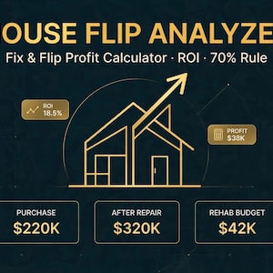 May include: A digital House Flip Analyzer dashboard featuring gold line graphics of a house with an upward arrow. It displays financial data including a purchase price of $220K, after repair value of $320K, rehab budget of $42K, 18.5% ROI, and $38K profit.