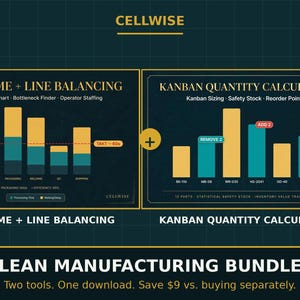 Puede incluir: Un paquete de fabricación Lean que incluye dos herramientas digitales: Takt Time + Line Balancing y Kanban Quantity Calculator. El gráfico muestra diagramas de barras, etiquetas de datos y métricas sobre un fondo oscuro.