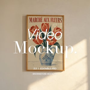 Vertical Frame Video Mockup, 2:3 Poster PSD with Sunlit Glass and Thin Oak Frame | Brownstone VF003
