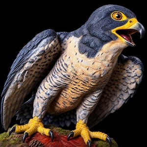 Può includere: Una scultura dettagliata di un falco pellegrino con piume blu-grigio scuro sulla testa e sulle ali, petto color crema con barre orizzontali nere, zampe giallo brillante con artigli neri affilati e un becco giallo con la punta scura.