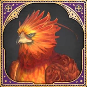 May include: A fiery orange and red phoenix bird with a long, pointed beak and a feathery crest. The bird has a fierce expression and is looking to the left.