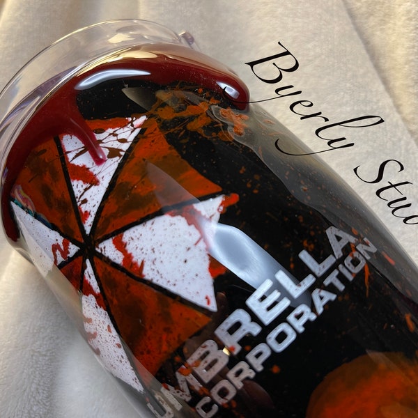 Umbrella Corp, Zombie Tumbler - Hand painted with Blood Drip