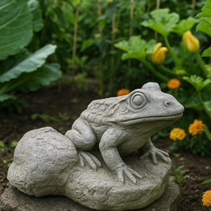 Puede incluir: Estatua de rana de piedra gris sobre una roca en un jardín. La rana tiene piel texturizada y está colocada con las patas delanteras extendidas. El fondo presenta follaje verde y flores naranjas.