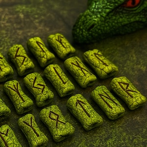 24ct Preorder Emerald Green Dragon Finger Bone Casting Runes Set, Futhark Runes - Dungeons and Dragon Themed - John Byerly