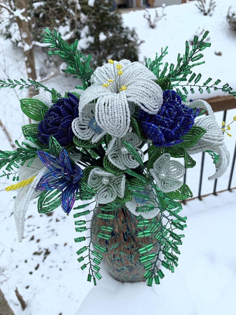 Blue and White French Beaded Flower Bouquet or Arrangement Etsy